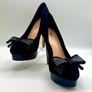KURT GEIGER MISS KG Rhinestone Bowed Black Suede Heels EU Size 37 US 7